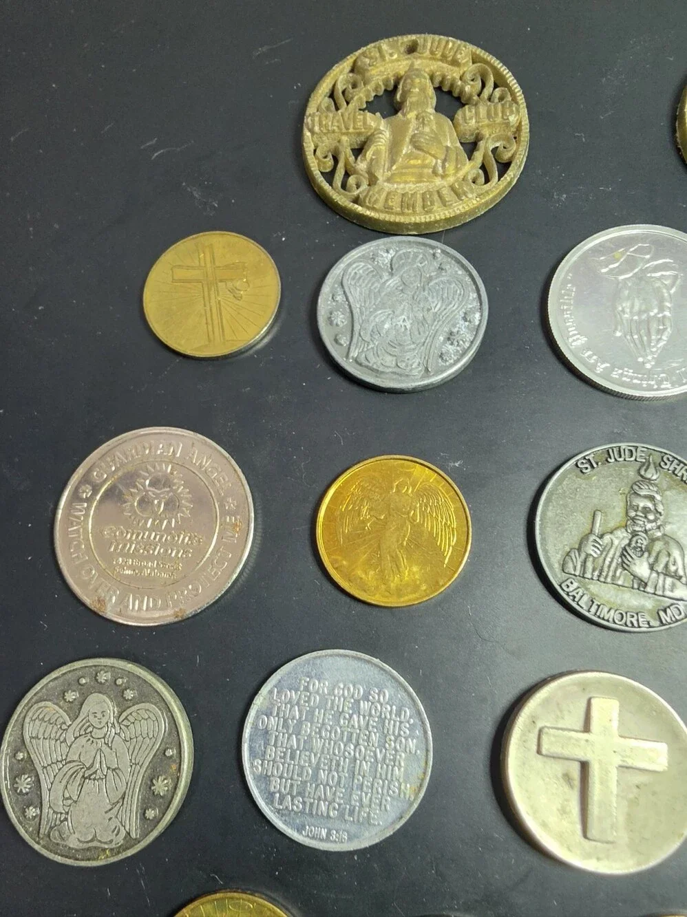 Religious Medal Keychain and Assorted Faith Tokens - Gold & Silver 21 Pieces